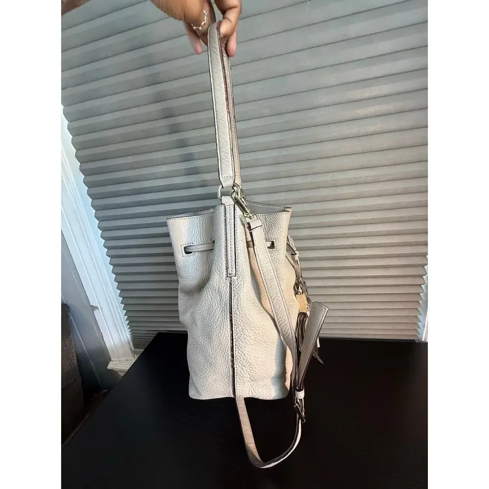 Kate Spade Gray Pebbled Leather Bucket Bag Tassel Crossbody Shoulder Handbag